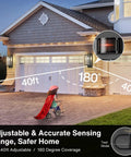 Motion Sensor Outdoor Wall Light Dusk To Dawn Black Square Exterior Lantern For Porch And Garage Three Mode Setting With Easy Adjustable Panel Modern Wall Mount Lights Bulb Not Included, showing motion detection range on a garage wall.