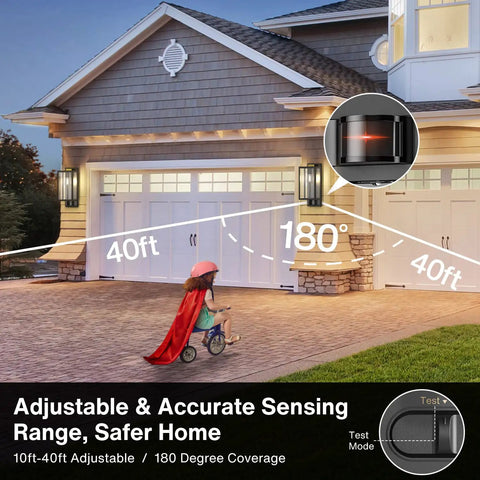 Motion Sensor Outdoor Wall Light Dusk To Dawn Black Square Exterior Lantern For Porch And Garage Three Mode Setting With Easy Adjustable Panel Modern Wall Mount Lights Bulb Not Included, showing motion detection range on a garage wall.