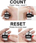Real Deal Heavy Duty Two Pack Metal Tally Clickers In Bright Silver demonstrating counting and reset functions in hand.