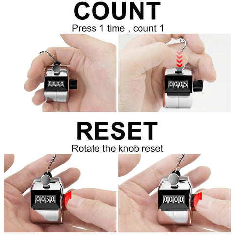 Real Deal Heavy Duty Two Pack Metal Tally Clickers In Bright Silver demonstrating counting and reset functions in hand.