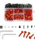 195 Piece Motorcycle Fairing Bolt Kit With M5 M6 Aluminum Screws And Hardware Grommets Nuts Washers Clips 5mm And 6mm Allen Wrenches Universal For Sport Dirt Bike Bodywork Windscreen Orange Gear with orange and black components in box