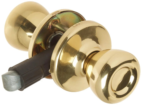 Polished brass non locking passage door knob for interior doors, ideal for closets and hallways, showing latch assembly, smooth finish.