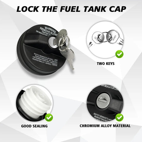 Image showing a Locking Gas Cap With Key For Your Fuel Tank, featuring two keys, good sealing, and chromium alloy material.