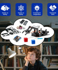 4DOF Robotic Arm Kit components and electronics laid out on a desk, with a child imagining.