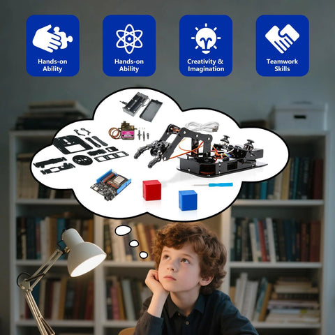 4DOF Robotic Arm Kit components and electronics laid out on a desk, with a child imagining.
