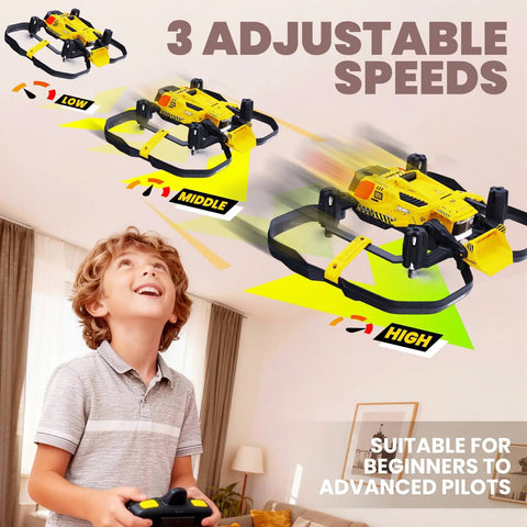 Mini Indoor Micro Drone For Kids With Cool LED Lights And 3 Speed Modes flying at three speeds, boy watching indoors.