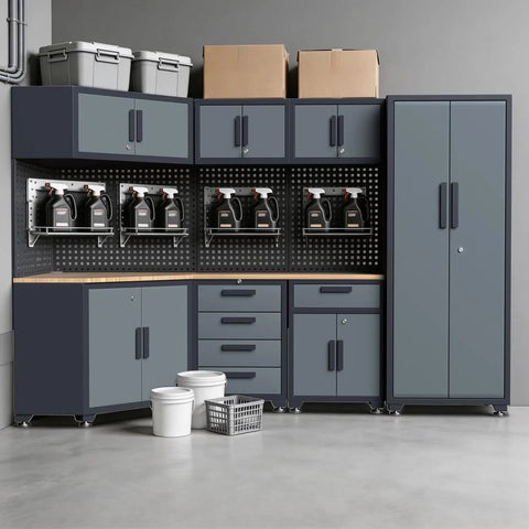 16 Piece Garage Storage Cabinet System With Corner Cabinets, Workbenches, And Pegboard, Heavy Duty Pro Grade Metal Workshop Organizer