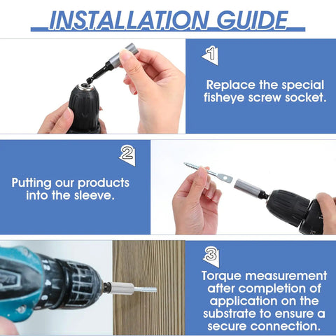 Installation guide for Tough As Nails Zinc Plated Eye Lag Screws with hook driver, showing socket replacement and torque measurement.