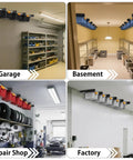 Heavy Duty Ceiling Storage Rack For Garage And Shed Overhead Organizer Shelves System Powder Coated Tote Storage Racks For Garages And Storerooms Six Pack Fits Five Bins Easy Access And Neat Space installed in garage, basement, repair shop, and factory.