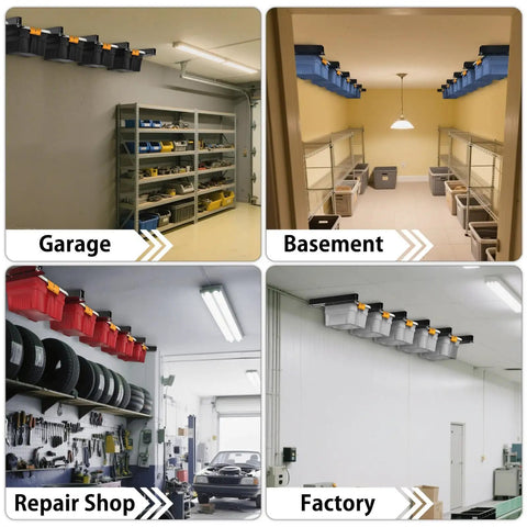 Heavy Duty Ceiling Storage Rack For Garage And Shed Overhead Organizer Shelves System Powder Coated Tote Storage Racks For Garages And Storerooms Six Pack Fits Five Bins Easy Access And Neat Space installed in garage, basement, repair shop, and factory.