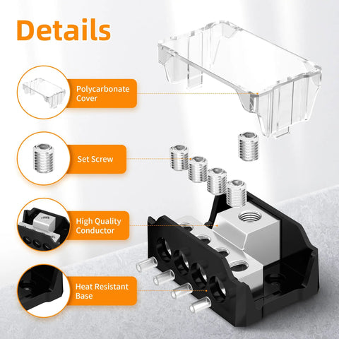 Dope Four Way Car Audio Ground Distribution Block Kit With 0 2 4 Gauge Input And 4 8 10 Gauge Output Amp Ground Splitter Two Pack With Cover For Easy Heavy Duty Power Distribution, polycarbonate cover and set screws