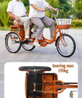 Side view of brown tandem pedal tricycle for adults with back seat, front basket, and steel frame supporting up to 150kg.