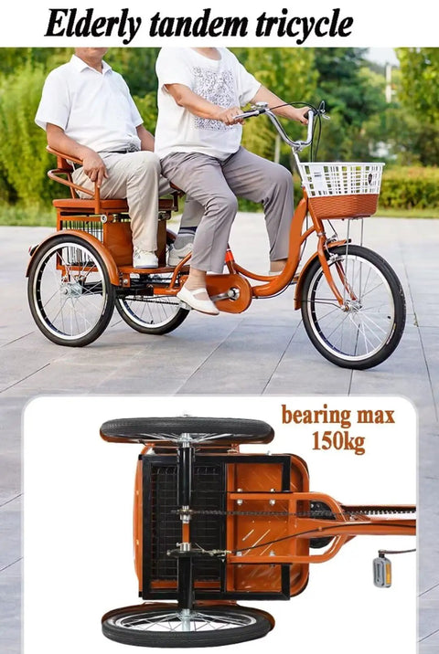 Side view of brown tandem pedal tricycle for adults with back seat, front basket, and steel frame supporting up to 150kg.