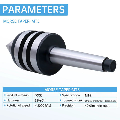 MT5 Live Center For CNC Wood And Metal Lathe, 60 Degree Morse Taper, 5MT Shank, side view with technical parameters displayed