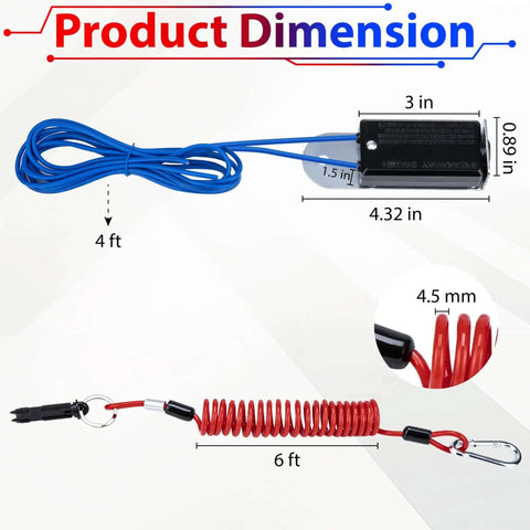 Breakaway Switch Kit With 6 Ft Coiled Trailer Brake Away Cable, Pull Pin Steel Spring Towing Wire dimensions with cable detail