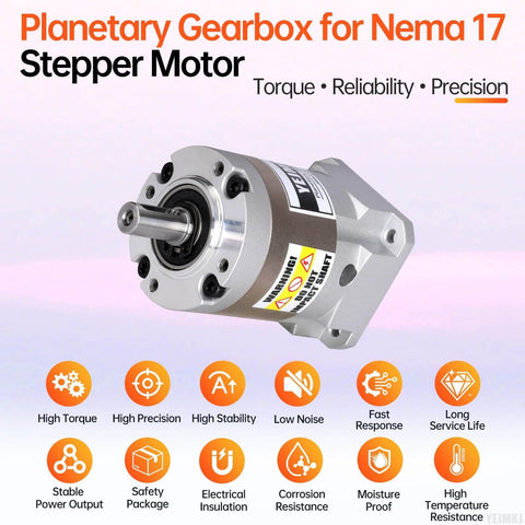 100 To 1 Planetary Gearbox For Nema 17 Stepper Motor, image showing high torque, precision gears, and features for CNC use.