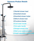 Matte Black Shower Faucet Set With 8 Inch Rainfall Shower Head And Handheld Spray, Luxury Dual Function Shower System, Brass Construction, 6 Inch Wall Mixer shown with labeled parts.
