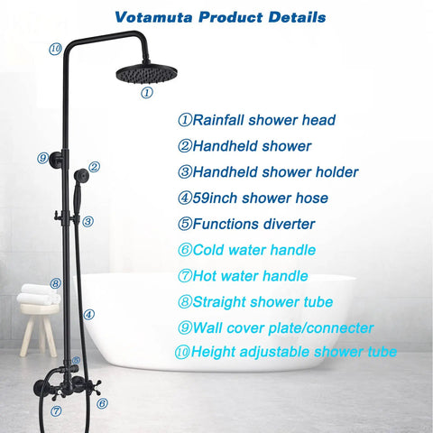 Matte Black Shower Faucet Set With 8 Inch Rainfall Shower Head And Handheld Spray, Luxury Dual Function Shower System, Brass Construction, 6 Inch Wall Mixer shown with labeled parts.