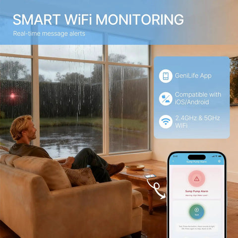 Smart WiFi Sump Pump Alarm With Real Time App Alerts, Indoor Outdoor Water Level Monitor, IP67 Waterproof, 110dB Alarm And LED Indicator, GeniLife App Notifications, Ideal For Basements And Septic Sump Systems, app screen shown