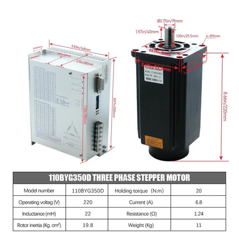 110mm 3 Phase Stepper Motor With HB3822MA Driver No Brake, High Torque Hybrid Control For CNC Machines, Smooth Motion, Precise Positioning, 8Nm To 20Nm Torque Range For Industrial Use, shown with dimensions