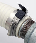 PYI 316L stainless steel worm-drive hose clamp on white corrugated hose, 22–30mm, installed