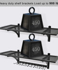 Two Pack 15x38 Heavy Duty Wall Shelf Garage Storage Rack showing weight capacity with 450 lbs weights, power tool organizer visible.