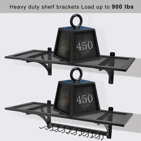 Two Pack 15x38 Heavy Duty Wall Shelf Garage Storage Rack showing weight capacity with 450 lbs weights, power tool organizer visible.
