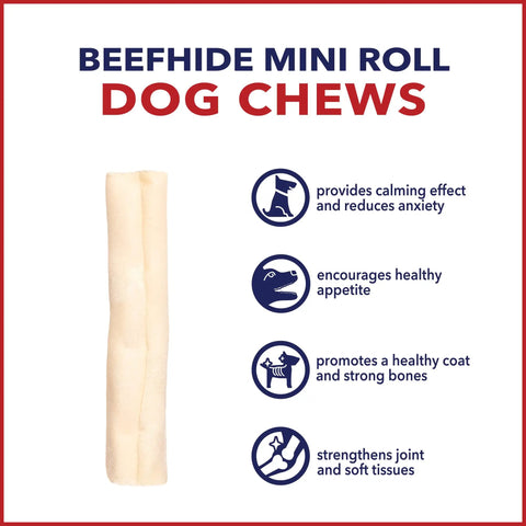 American Beefhide Mini Rolls Dog Chew Treats 3 To 3.5 Inches Natural Flavor Long Lasting Rawhide Chews 14 Count Pack For Strong Chewers