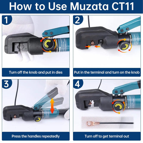 Steps for using Heavy Duty Hydraulic Wire Terminal Crimper Swager Kit With 9 Die Pairs For Battery Cable Lug Crimping Delivers Up To 45KN Crimp Power