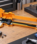 Digital Caliper Case, Toolbox Storage Compatible with mitutoyo, orange design with measuring caliper on wooden workbench.