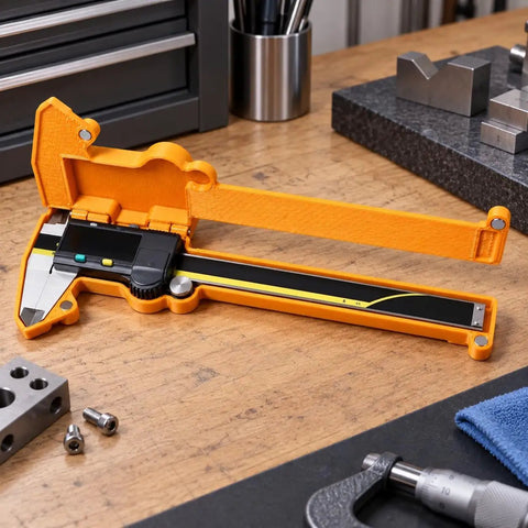 Digital Caliper Case, Toolbox Storage Compatible with mitutoyo, orange design with measuring caliper on wooden workbench.