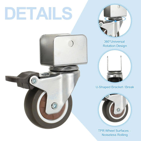 Image showing details of heavy duty 2 inch swivel caster wheels with brakes, U bracket, TPR surface, and 55 lb capacity.