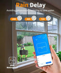 Smartphone controlling Brass WiFi Sprinkler Timer For Garden Hose 2 Zone Smart Water Timer with rain delay feature visible
