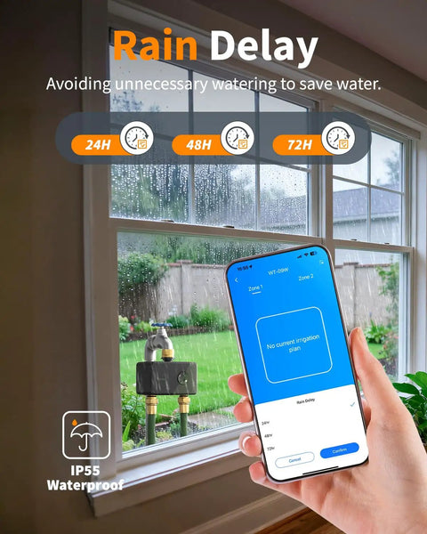 Smartphone controlling Brass WiFi Sprinkler Timer For Garden Hose 2 Zone Smart Water Timer with rain delay feature visible