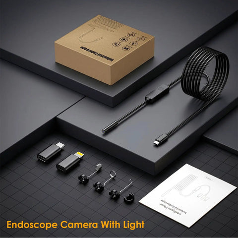 Ultra Clear Endoscope Camera With Light For Home And Auto Inspections, 1920x1440 HD Borescope With IP67 Waterproof Seal, SemiRigid Snake Camera, 16.4Ft Cable, 8 LED Lights, Works With iPhone And Android, For Pipes And Engine Bays, with USB-C adapters and accessories