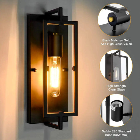 Set Of 2 Dope Industrial Wall Sconces Black Rustic Indoor Lanterns With Glass Shade Vintage Bronze Wall Light Fixture E26 Base Decor For Bedroom Living Room Hallway Bulbs Included, close-up