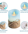 Ocean Blue Flameless LED Pillar Candles Set Of 3 With Remote And Timer, nautical-themed candle with burlap wrap, battery operated