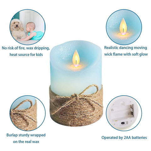 Ocean Blue Flameless LED Pillar Candles Set Of 3 With Remote And Timer, nautical-themed candle with burlap wrap, battery operated
