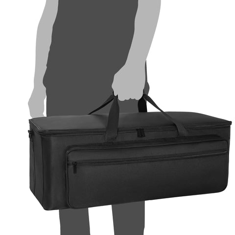 Person carrying Large Travel Gig Bag For Cables And DJ Gear With Separate Compartments And Mesh Pockets Laptop Case Organizer
