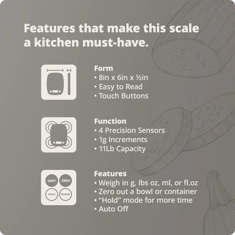 Go-To Slim Digital Kitchen Scale With 1g Precision, infographic showing features and specifications, compact kitchen tool