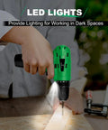Person using Cordless 20V Power Drill With 3 Batteries And Charger, Variable Speed 18 Plus 1 Torque Settings in dim light with LED.