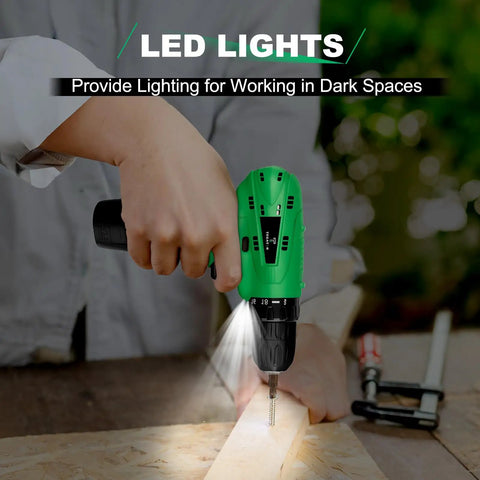 Person using Cordless 20V Power Drill With 3 Batteries And Charger, Variable Speed 18 Plus 1 Torque Settings in dim light with LED.