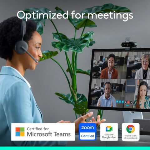 Woman in headset using Epic 4K HD Webcam With Autofocus And Five X Digital Zoom Built Straight For Streamers And Remote Pros Featuring Rightlight 3 Auto Exposure Fix And Nailed Color Balance For Hella Crisp Video Calls for virtual meetings.