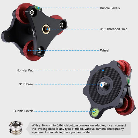 Detailed view of Tripod Leveler Stand With Five Degree Precision Adjustment Bracket showing components including bubble levels, threaded holes, and nonslip pad.