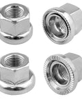 Four chrome plated flange axle nuts set for bikes M9 M10 carbon steel, front and rear wheel compatibility, rust resistant.