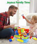 Father and toddler playing with Musical Toddler Tool Bench Set For One Year Olds, Montessori Educational Play Kit.