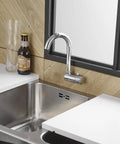 Premium RV Sink Faucet with Spotless Chrome Finish Heavy Duty 360 Swivel Marine Cold Water Tap Compact Deck Mount Setup in kitchen.
