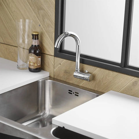Premium RV Sink Faucet with Spotless Chrome Finish Heavy Duty 360 Swivel Marine Cold Water Tap Compact Deck Mount Setup in kitchen.