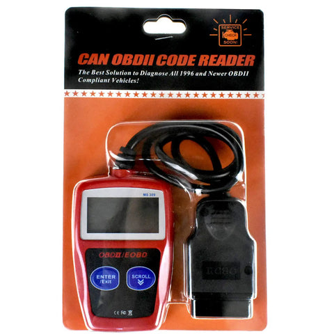 OBD2 Scanner For Cars Universal OBDII CAN Diagnostic Tool in packaging, includes red device and black connector cable