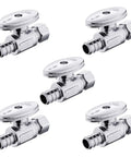 5 Pack One Quarter Turn Straight Stop Valves Three Eighth Inch Outer Diameter Compression to One Half Inch PEX Chrome Plated Brass Lead Free for DIY Plumbing.